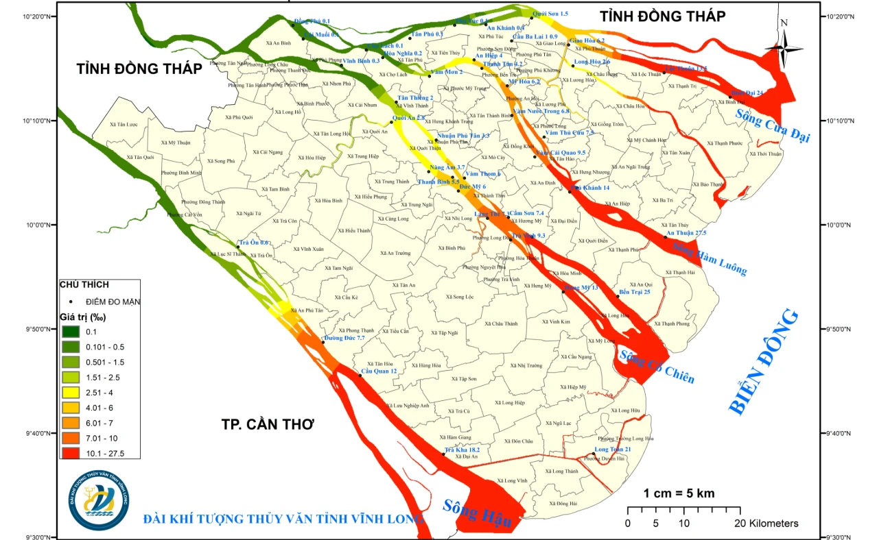 Xâm nhập mặn ở Vĩnh Long đạt đỉnh cuối tháng 2, đe dọa nghiêm trọng nguồn nước và sản xuất