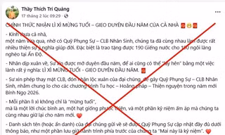 Cảnh báo thủ đoạn mạo danh Đức Pháp chủ Thích Trí Quảng kêu gọi 'lì xì' quyên góp phóng sinh đầu năm