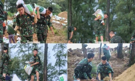 Công an, quân đội 'đội mưa' vác cát leo mái nhà, bê đá kè đê biển khi bão Kajiki sắp đổ bộ