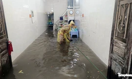 Mưa lớn, người dân Hà Nội dậy từ sớm tinh mơ che chắn cửa nhà ngăn nước