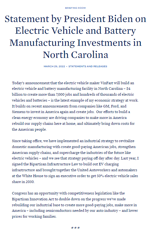 Tuyên bố của Tổng thống Joe Biden về việc xây dựng nhà máy VinFast.
