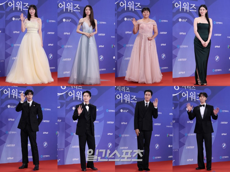 Diễn viên Ji Ye-eun (theo chiều kim đồng hồ từ trên cùng bên trái), Ha Young, diễn viên hài Lee Soo-ji, các diễn viên Jung Eun-chae, Lee Jun-young, Lee Kwang-soo, Lee Jun-hyuk và Choo Young-woo đã tham dự sự kiện thảm đỏ Lễ trao giải Rồng Xanh lần thứ tư, được tổ chức tại Paradise City ở Jung-gu, Incheon, vào chiều ngày 18/7 và chụp ảnh lưu niệm. isp20250718000276800x8-1.jpg