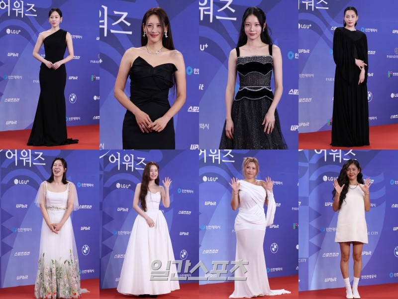 Diễn viên Seo Hyun-jin (theo chiều kim đồng hồ từ trên cùng bên trái), Soo-hyun, Gong Seung-yeon, Kim Min-ha, Mimi của nhóm nhạc nữ Oh My Girl, vũ công Gabi, diễn viên Yoon So-hee và Yeom Hye-ran đã tham dự sự kiện thảm đỏ Lễ trao giải Rồng Xanh lần thứ tư được tổ chức tại Paradise City ở Jung-gu, Incheon, vào chiều ngày 18/7 và chụp ảnh lưu niệm. isp20250718000260800x8.jpg