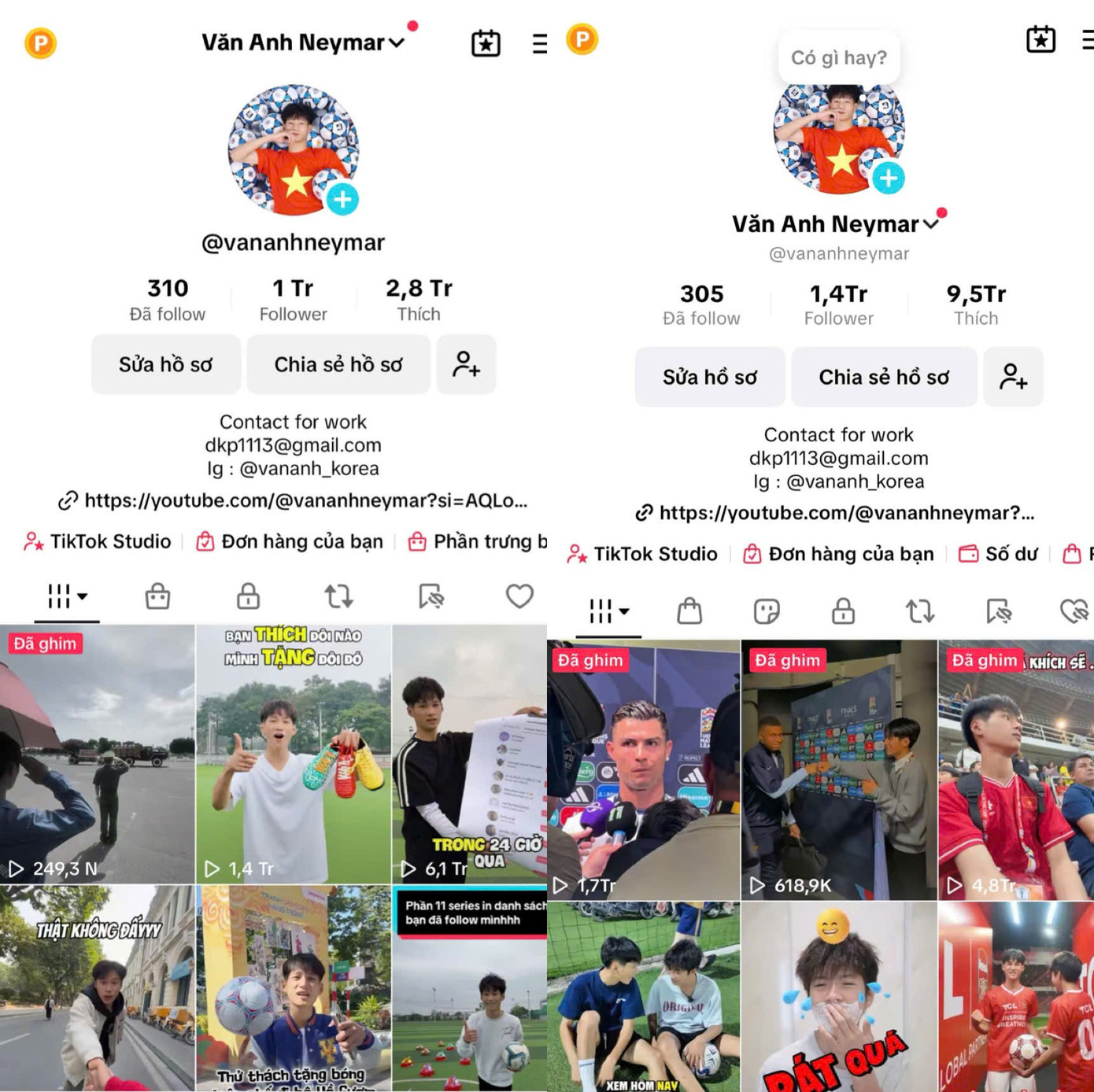Kênh TikTok của Văn Anh đạt 1 triệu follow chỉ sau 6 tháng và kênh TikTok hiện tại. 0aca05553b35b26beb24.jpg