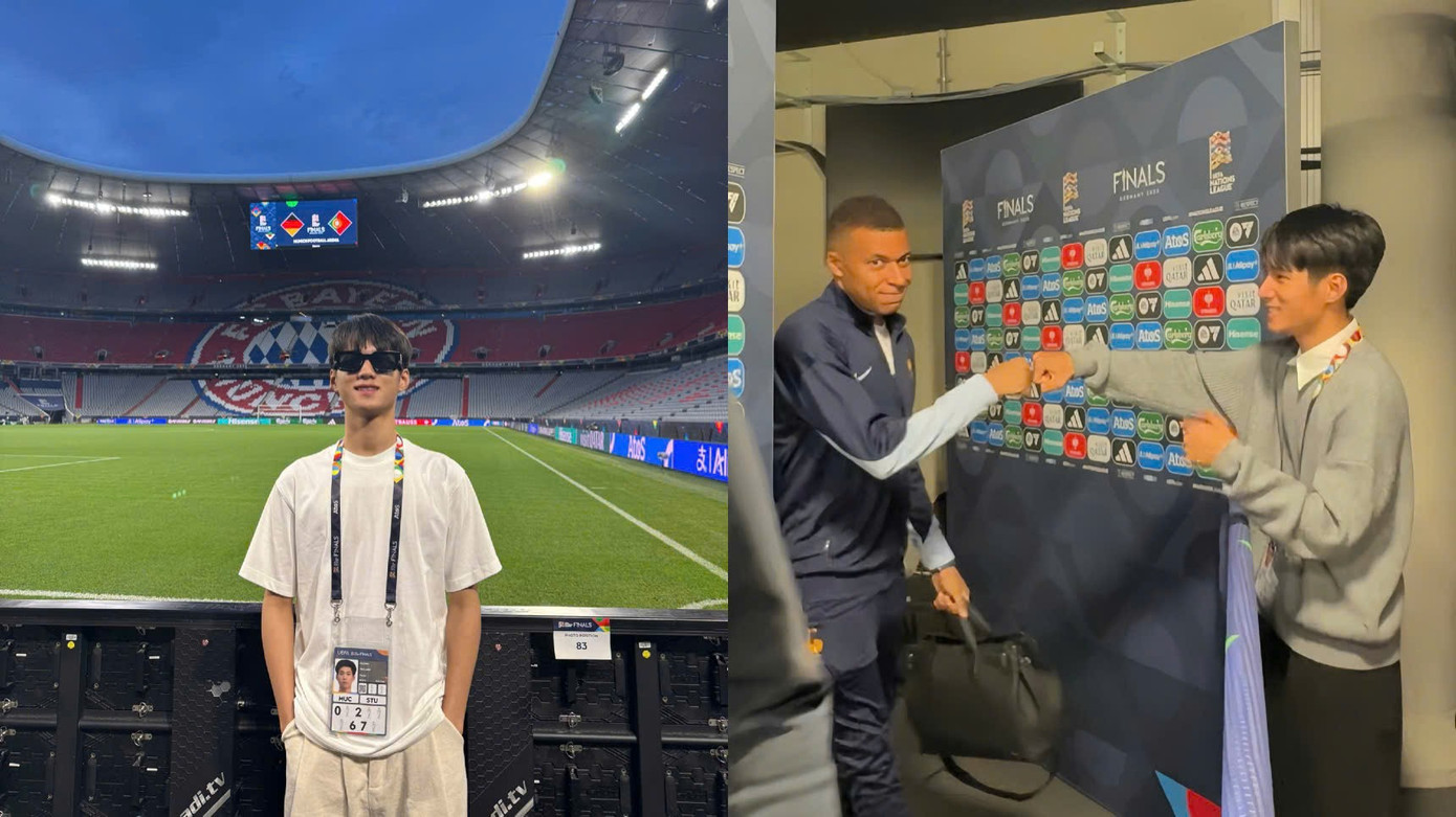 Văn Anh trong lúc đi tác nghiệp, ghi lại khoảnh khắc chạm tay cùng cầu thủ Mbappe. 3b0b2db4c7d44e8a17c5.jpg