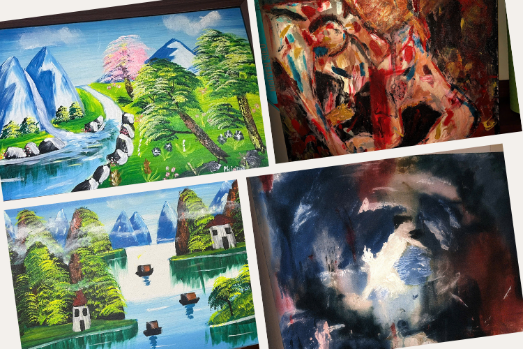 Những bức vẽ từ thuở nhỏ (bên trái) và hiện tại (bên phải) là nơi cô bạn gửi gắm nhiều xúc cảm.