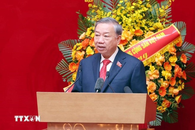 Tổng Bí thư Tô Lâm phát biểu chỉ đạo tại Đại hội đại biểu Đảng bộ Công an Trung ương lần thứ VIII, nhiệm kỳ 2025-2030. (Ảnh: Phạm Kiên/TTXVN)