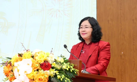 Bà Bùi Thị Minh Hoài, Ủy viên Bộ Chính trị, Bí thư Trung ương Đảng, Bí thư Đảng ủy Mặt trận Tổ quốc, các đoàn thể Trung ương, Chủ tịch Ủy ban Trung ương Mặt trận Tổ quốc (MTTQ) Việt Nam. Ảnh: PV.