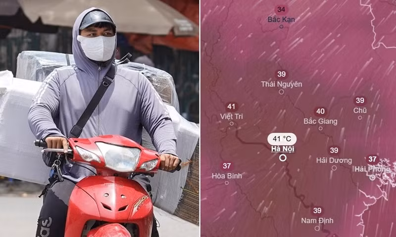 Người dân di chuyển dưới trời nắng nóng tại Hà Nội vào tháng 5.