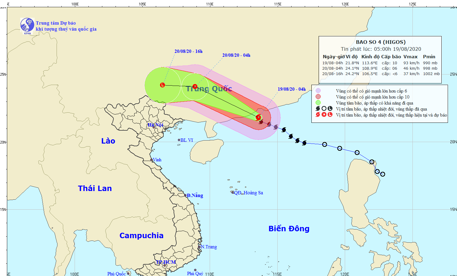 Dự báo đường đi và vùng ảnh hưởng của bão số 4. 