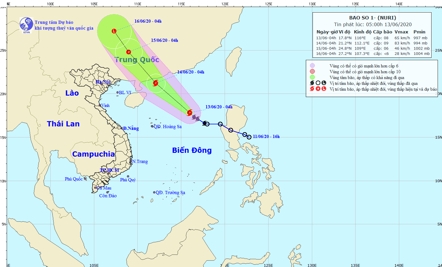 Dự báo đường đi và vùng ảnh hưởng của bão số 1. Nguồn: Trung tâm Dự báo Khí tượng Thủy văn Quốc gia.