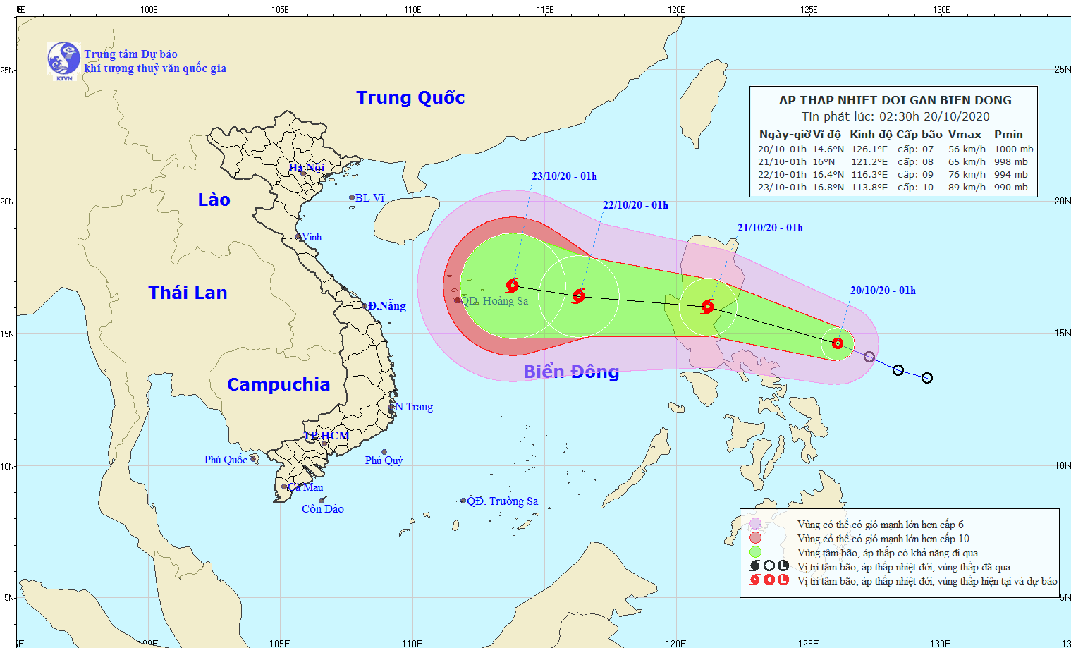 Nhận định mới nhất về đường đi và vùng ảnh hưởng của áp thấp nhiệt đới có khả năng mạnh lên thành bão. Nguồn: Trung tâm Dự báo Khí tượng Thủy văn Quốc gia.
