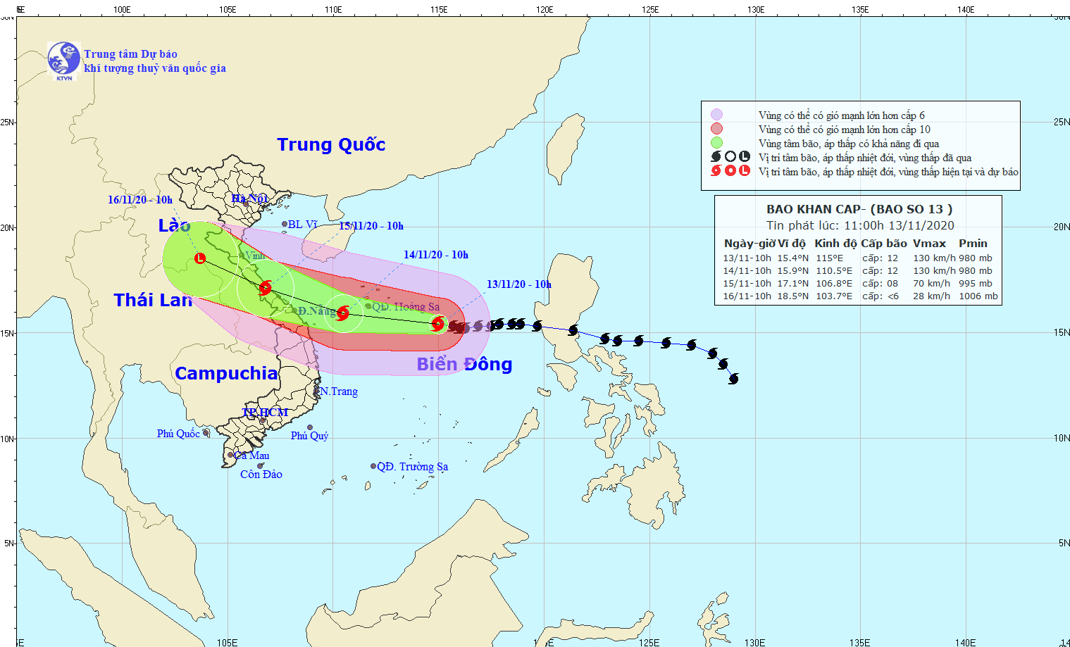 Dự báo đường đi và vùng ảnh hưởng của bão số 13.