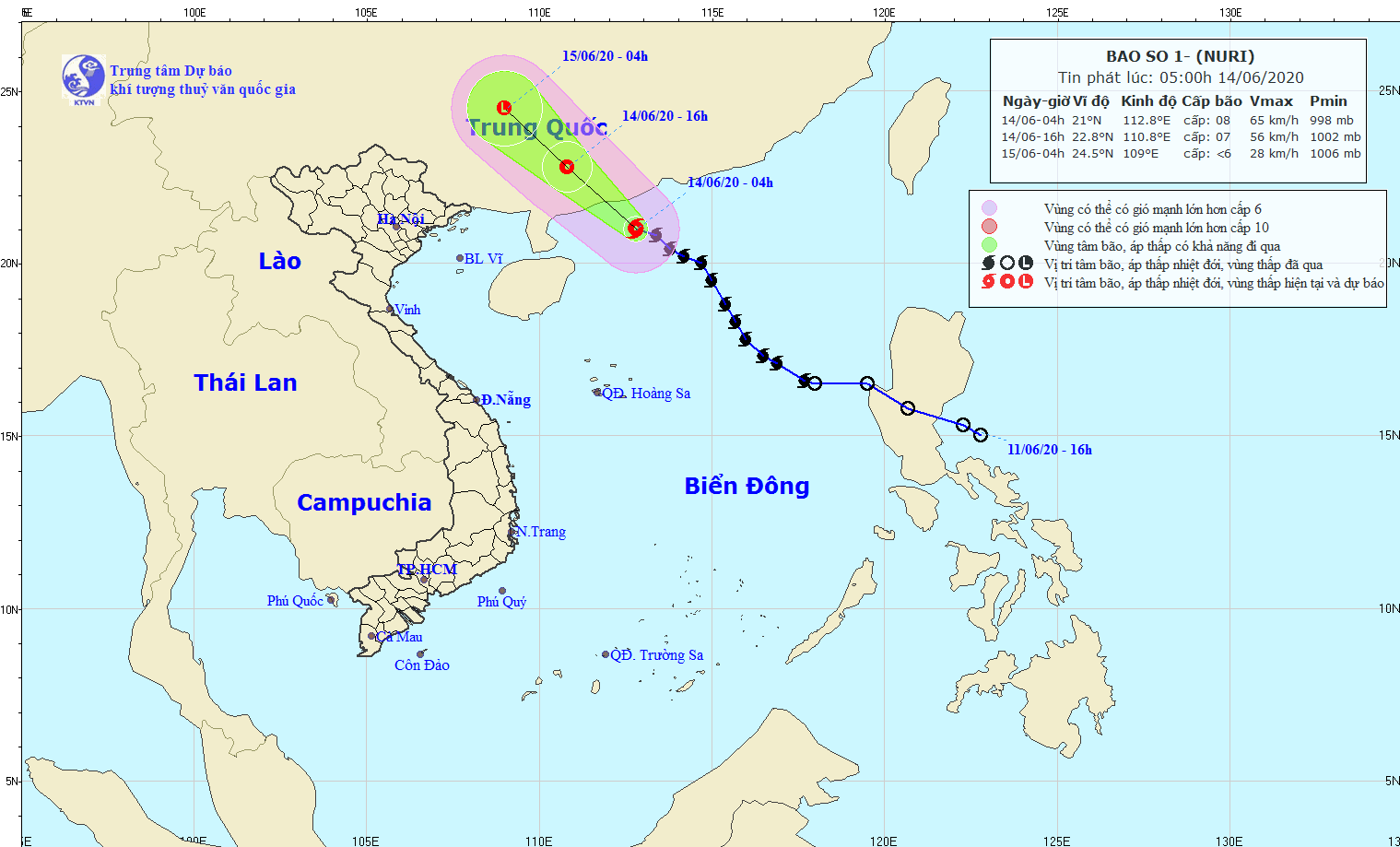 Dự báo đường đi và vùng ảnh hưởng của bão số 1. Nguồn: Trung tâm Dự báo Khí tượng Thủy văn Quốc gia.
