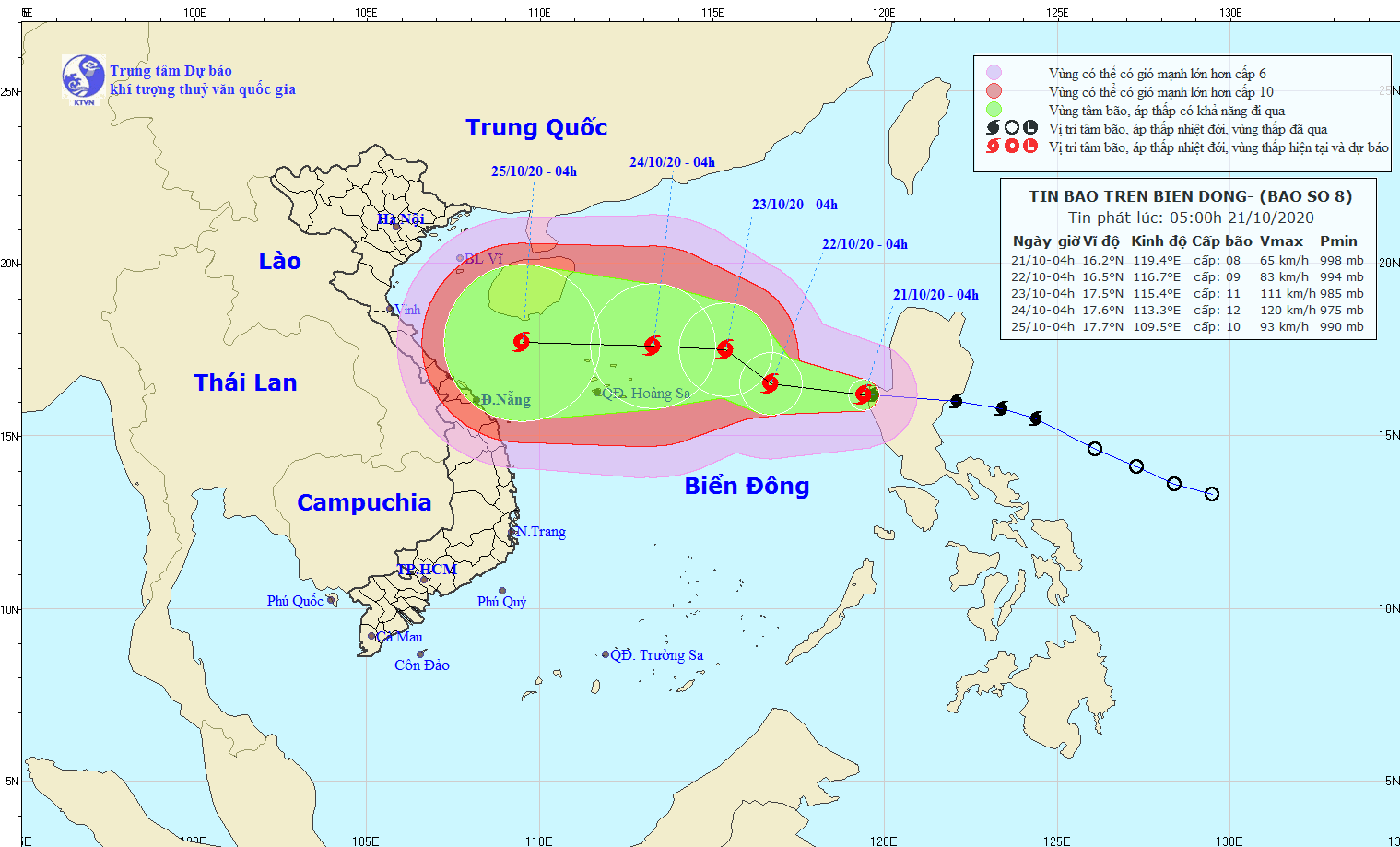 Dự báo đường đi và vùng ảnh hưởng của bão số 8. Nguồn: Trung tâm Dự báo Khí tượng Thủy văn Quốc gia.