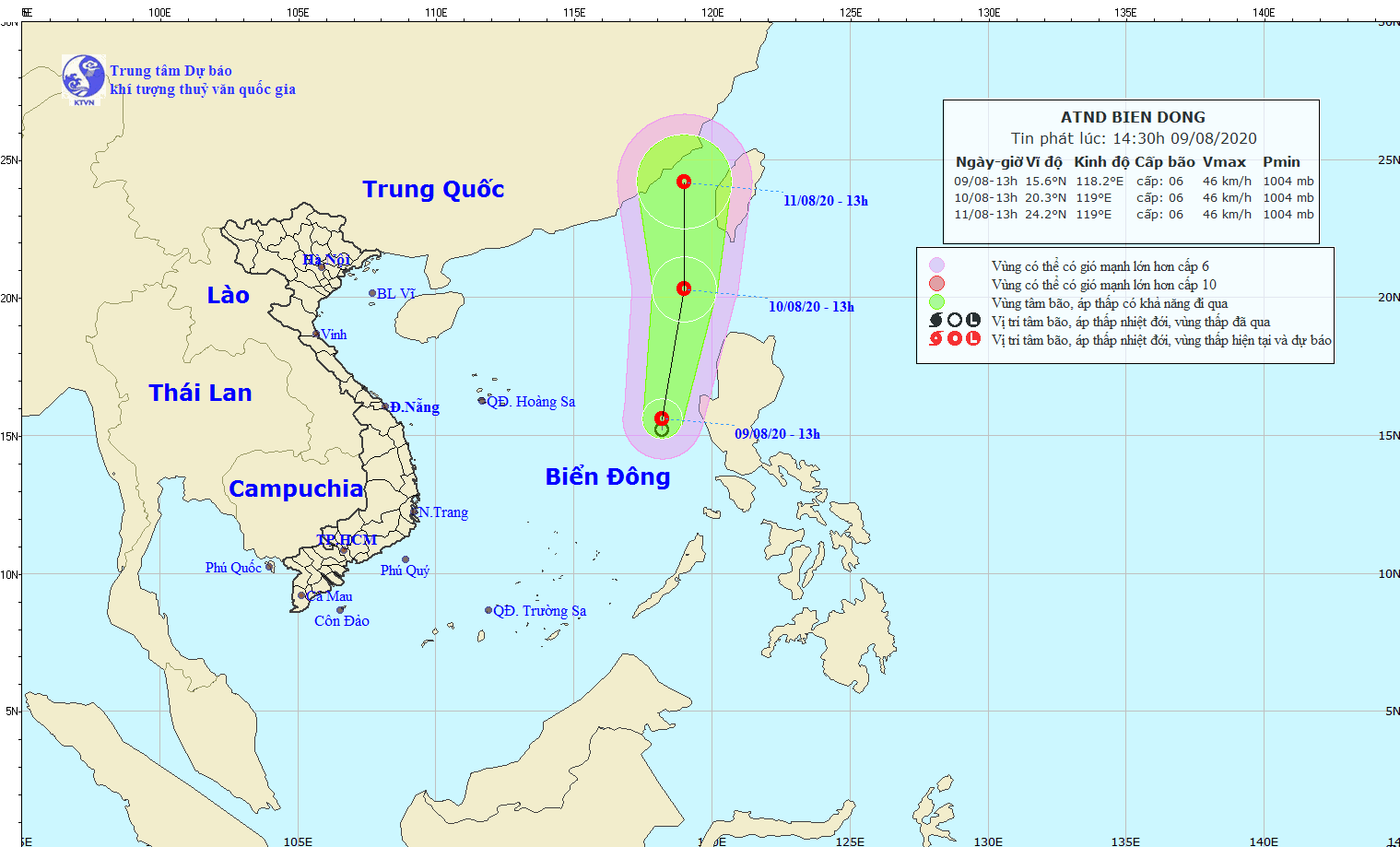 Dự báo đường đi và vùng ảnh hưởng của áp thấp nhiệt đới. Nguồn: Trung tâm Dự báo Khí tượng Thủy văn Quốc gia.