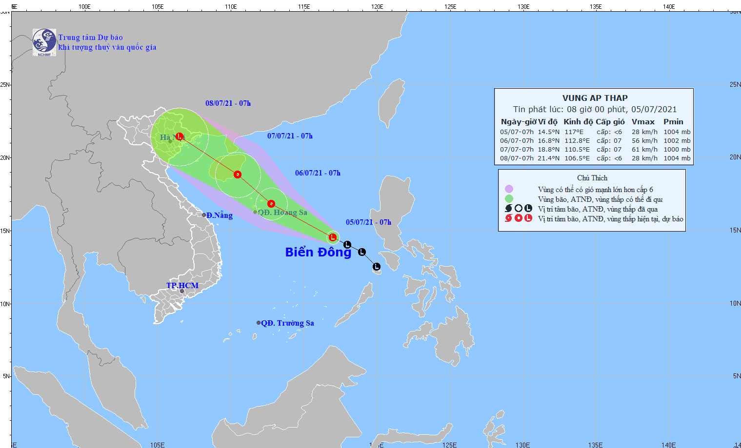 Dự báo đường đi và vùng ảnh hưởng của áp thấp nhiệt đới.
