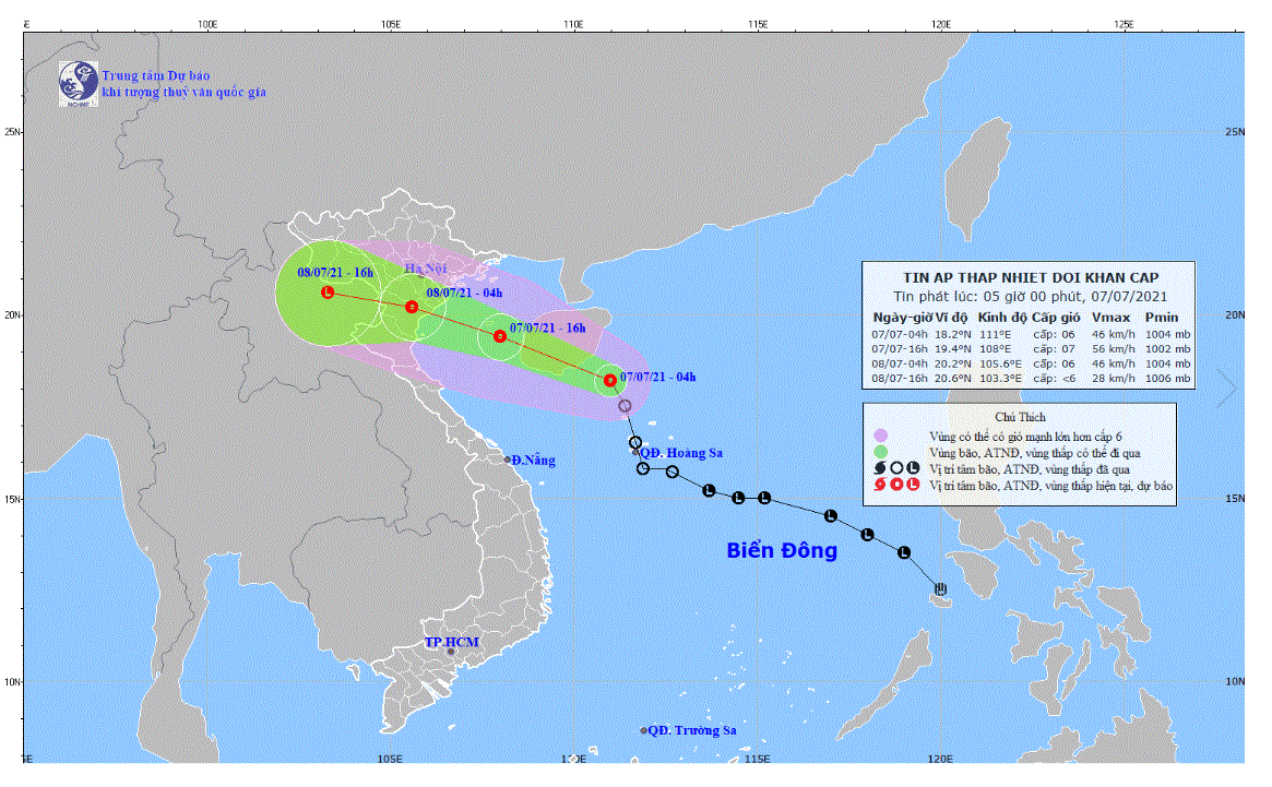Dự báo đường đi và vùng ảnh hưởng của áp thấp nhiệt đới.