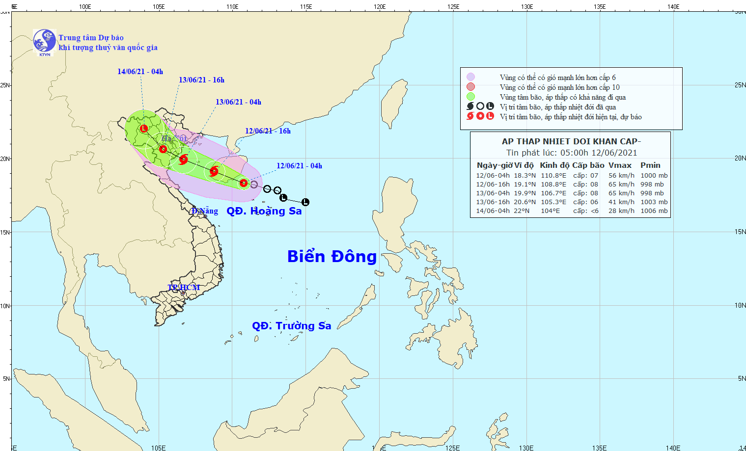 Dự báo đường đi và vùng ảnh hưởng của áp thấp nhiệt đới trên Biển Đông.