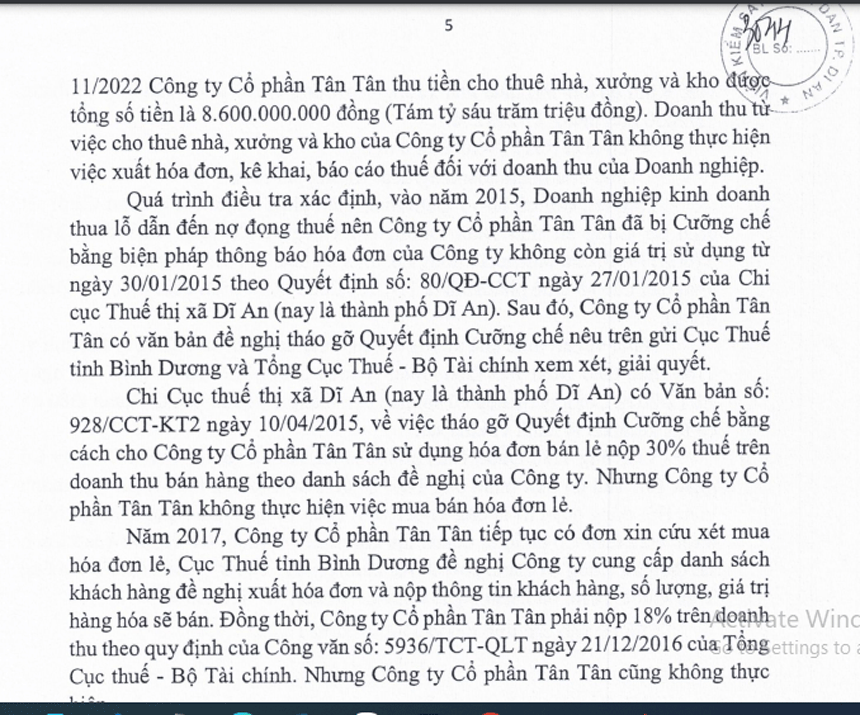 Công ty TNHH MTV Thương mại - Sản xuất trồng trọt Tân Tân thuê lại nhà xưởng và kho của CTCP Tân Tân từ tháng 7/2015 tới năm 2030 với giá 100 triệu đồng/tháng.