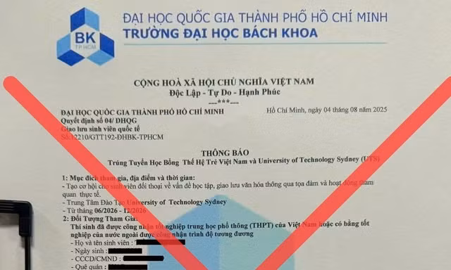 Trường ĐH Bách khoa (ĐHQG TP. HCM) cảnh báo văn bản mạo danh lừa đảo học bổng