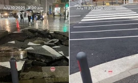 Đoạn đường ở Nhật vỡ tung do cơn dông lớn, vài tiếng sau “lành” lại y nguyên