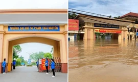 Cổng trường ĐHSP Thái Nguyên trước và trong ngập lụt cho thấy nước sâu đến đâu