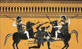 Hình minh họa mô tả các chiến binh Amazons trong trận chiến từ Bộ sưu tập des vases grecs de le Comte de M Lamberg, quyển II, Bảng 17, Paris, từ năm 1813 đến năm 1824, của Alexandre de Laborde.