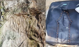 Rèm cửa bọc chiếc valy chứa thi thể nạn nhân. Ảnh: Công an cung cấp