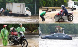 Đường gom đại lộ Thăng Long ngập đến bụng, nhiều dịch vụ 'cứu ngập' hoạt động hết công suất