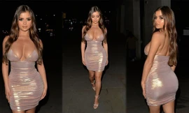 ‘Kim Kardashian nước Anh' diện đầm màu nude sẻ xâu phô vòng 1 ngoại cỡ