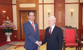 Tổng Bí thư Nguyễn Phú Trọng tiếp thân mật Tổng thống Cộng hòa Indonesia Joko Widodo. Ảnh: Như Ý