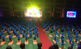 Trước màn đồng diễn, các đại biểu đứng nghiêm và nghe quốc ca Việt Nam và Ấn Độ. Ảnh: L.A 