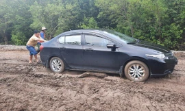 Bùn ngập lút bánh ô tô trên con đường chống ngập ở Cà Mau