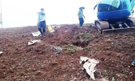 Công nhân chôn lấp rác vào hố được đào ngay trong thân đê