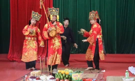 Nghệ nhân ưu tú Chu Thị Hồng Vân thực hành dựng lại nghi lễ cúng Then dâng sao giải hạn tại lớp tập huấn.