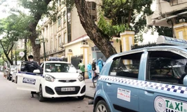 Taxi dừng đỗ và dàn hàng dài bắt khách trên đường Tràng Thi sáng 1/4 mà không gặp bất lỳ trở ngại nào.