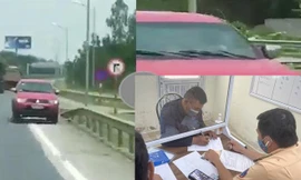 Chiếc xe ô tô đi ngược chiều và nam tài xế làm việc với CSGT.