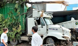 Xe container tông đổ trụ đèn, cây xanh rồi lao vào nhà dân