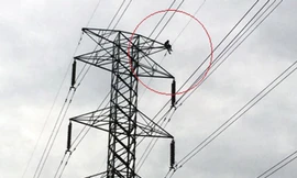 Nam thanh niên cố thủ nhiều giờ trên trụ điện cao thế. Ảnh: VnExpress.