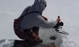 Fred kéo từ trong băng lên một con vịt - Ảnh cắt ra từ YouTube