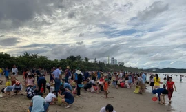 Sau bão Podul, đông nghẹt du khách túa ra bãi biển Cửa Lò nhặt 'lộc trời'