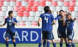 Các cầu thủ nữ Nhật Bản ăn mừng bàn thắng ghi vào lưới đội tuyển nữ Việt Nam tối 7/4.