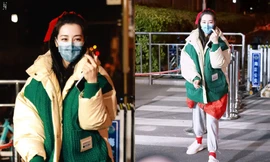 Sau màn diện sneaker dưới váy công chúa, Địch Lệ Nhiệt Ba lại khoe quần nỉ mặc cùng váy đón Xuân