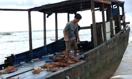 Phát hiện thuyền gỗ lạ trôi dạt vào bờ biển Quảng Trị