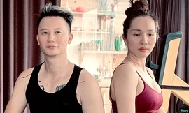 Vợ chồng Hoàng Bách tập thể dục đôi