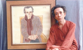 Nhà văn Kim Lân lúc sinh thời và bức chân dung do họa sĩ Nguyễn Thị Hiền thể hiện. Ảnh họa sĩ cung cấp