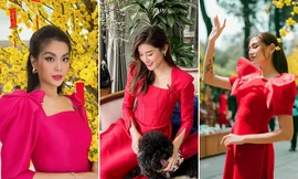 Dàn Hoa, Á hậu đẹp 'một chín một mười' khi cùng diện áo dài đỏ rực rỡ ngày mùng 1 Tết