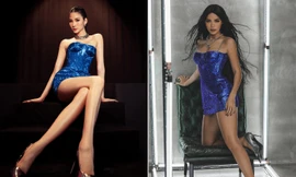 'Đụng hàng' chiếc váy xanh cúp ngực sexy, Hoàng Thuỳ-Minh Tú đẹp 'bất phân thắng bại'