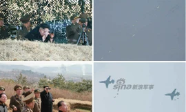 [ẢNH] Ông Kim Jong-un thị sát tập trận đánh chìm tàu sân bay